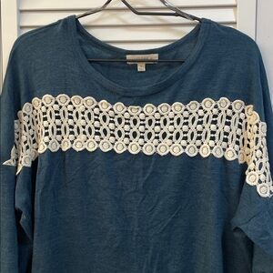 Umgee Dark Teal Blue Tunic with Cream Crochet Detail Size XL